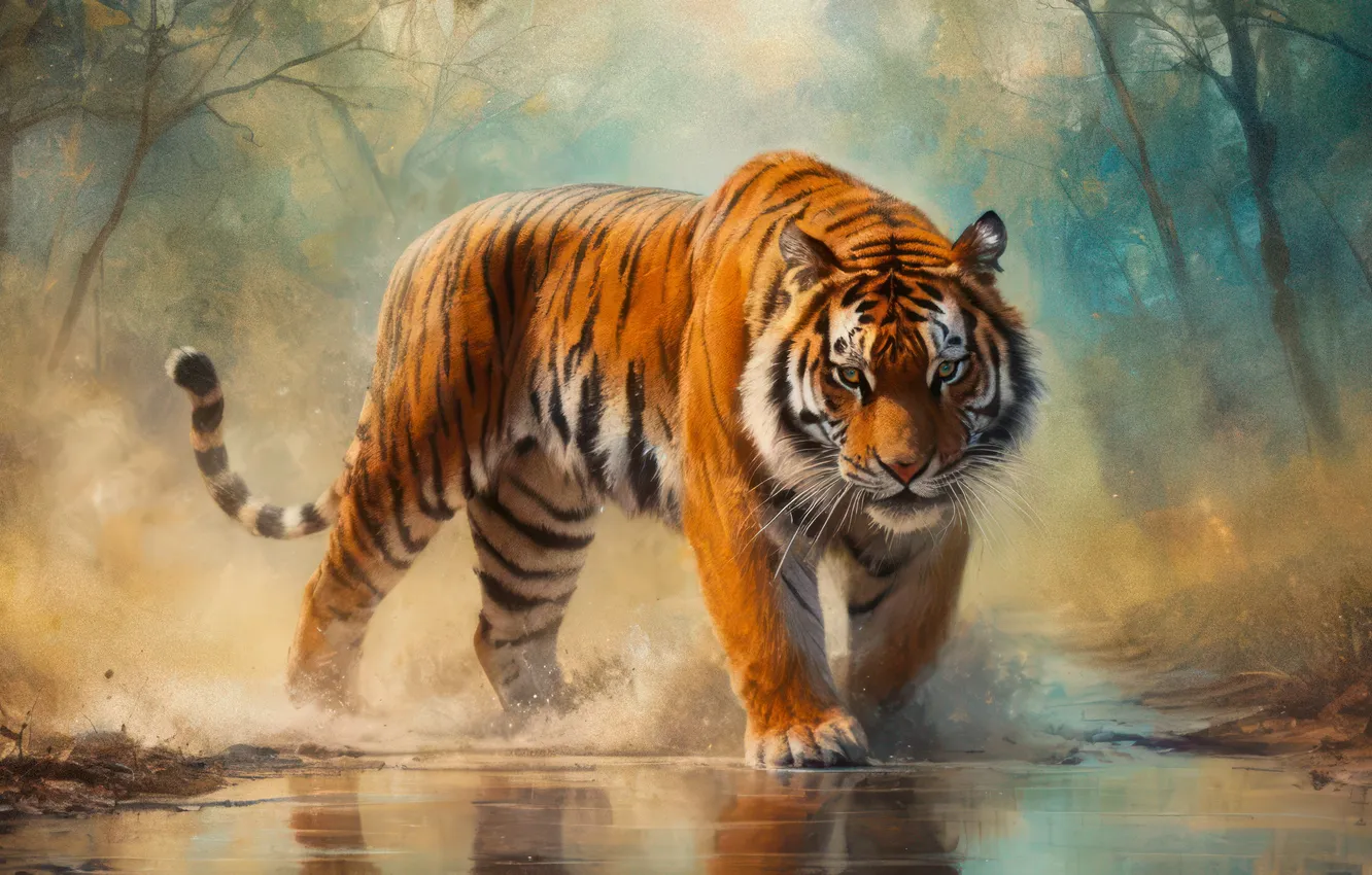 Photo wallpaper forest, look, water, tiger, AI art, neural network