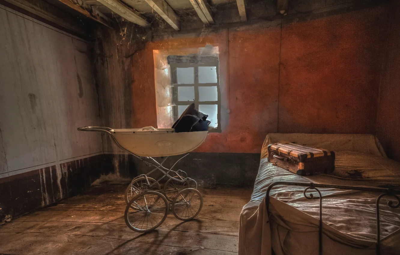 Photo wallpaper bed, stroller, suitcase