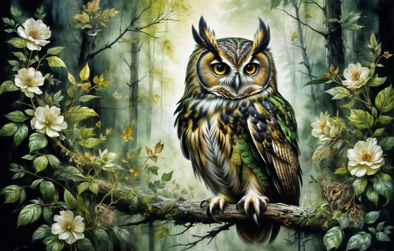 Photo wallpaper forest, flowers, owl, owl