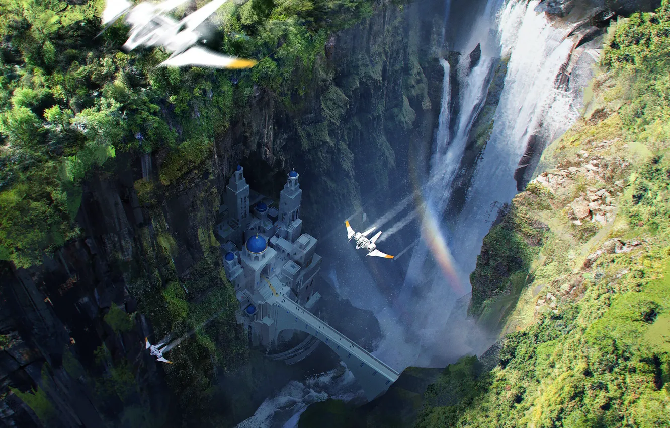 Photo wallpaper bridge, rocks, waterfall, flight, Little Kingdom