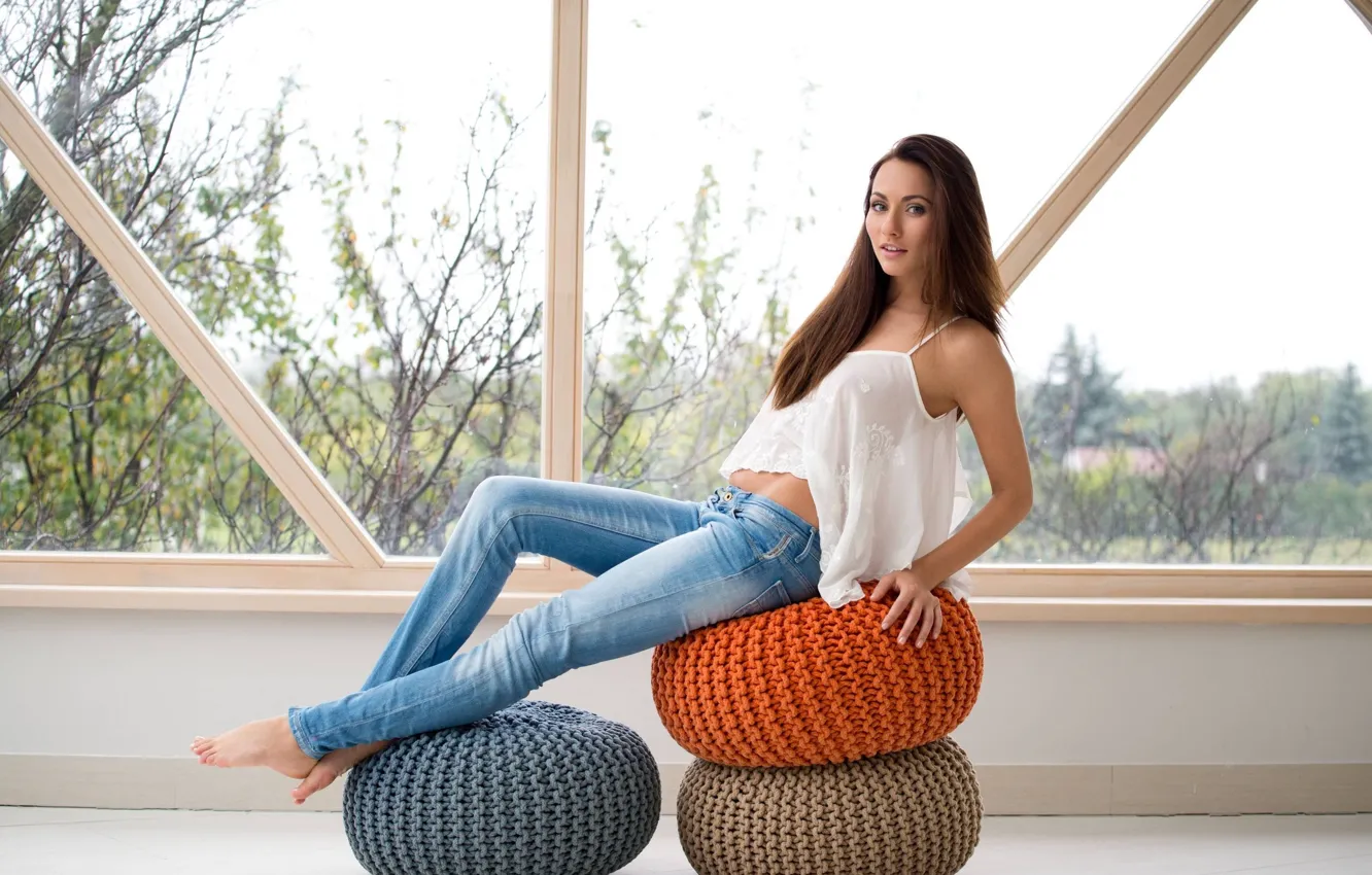 Photo wallpaper model, Denim, pose, white top, Ottomans, Micheala Isizzu, Don't Cha Wish, At The WIndow