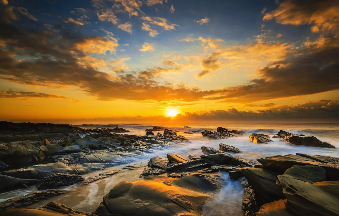 Photo wallpaper sea, the sky, the sun, clouds, light, sunset, yellow, bright