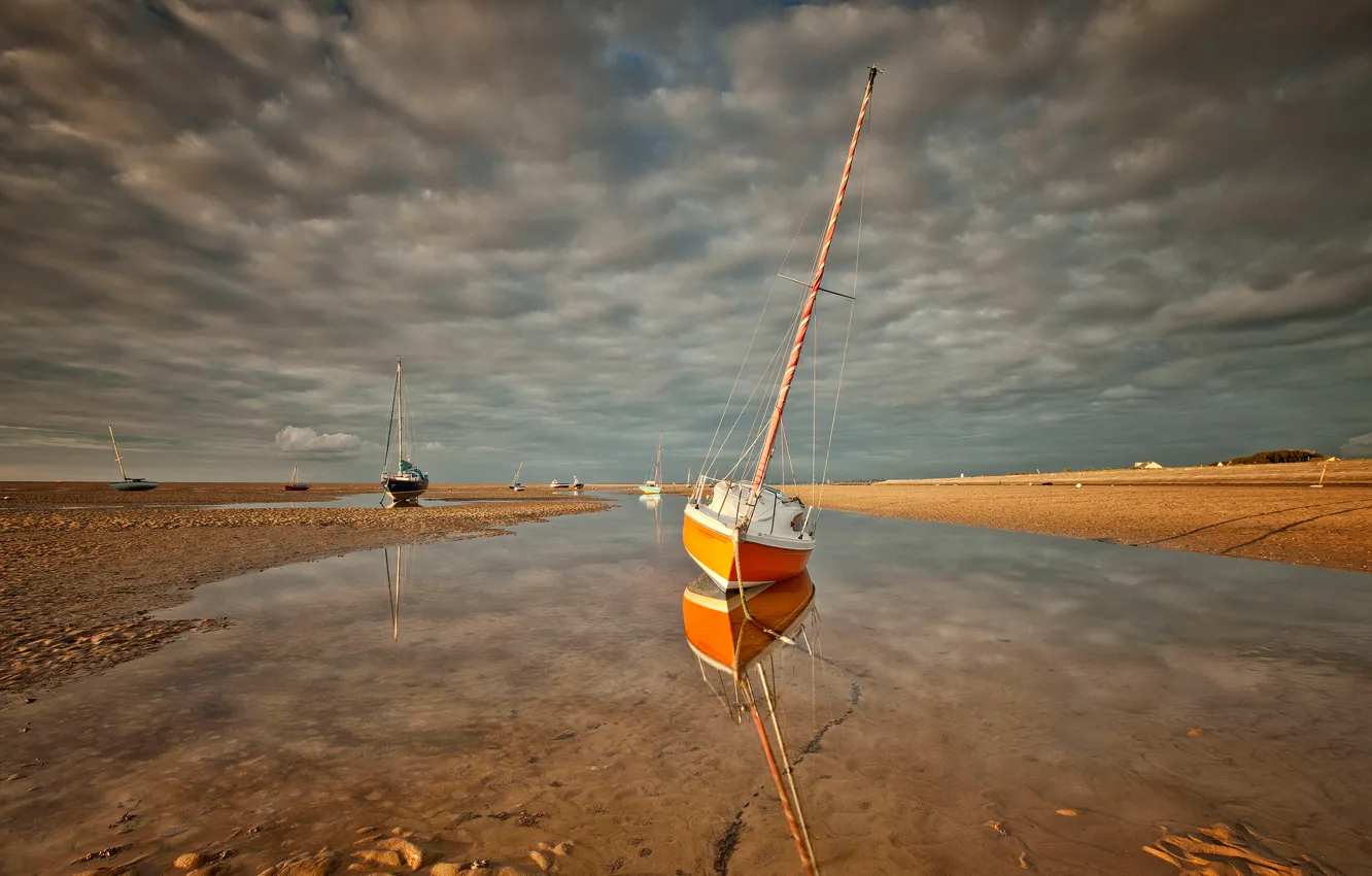 Photo wallpaper sea, the sky, clouds, shore, boat, tide