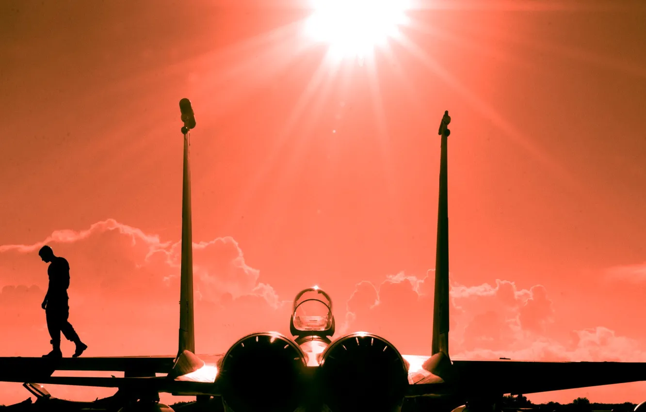 Photo wallpaper the sky, the sun, rays, sunset, pilot, the plane