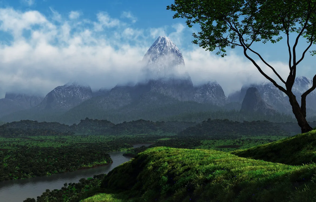 Photo wallpaper greens, clouds, trees, nature, river, hills, mountain