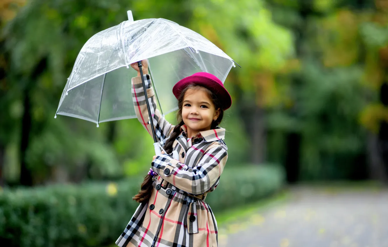 Photo wallpaper children, umbrella, girl, hat, alley, robe