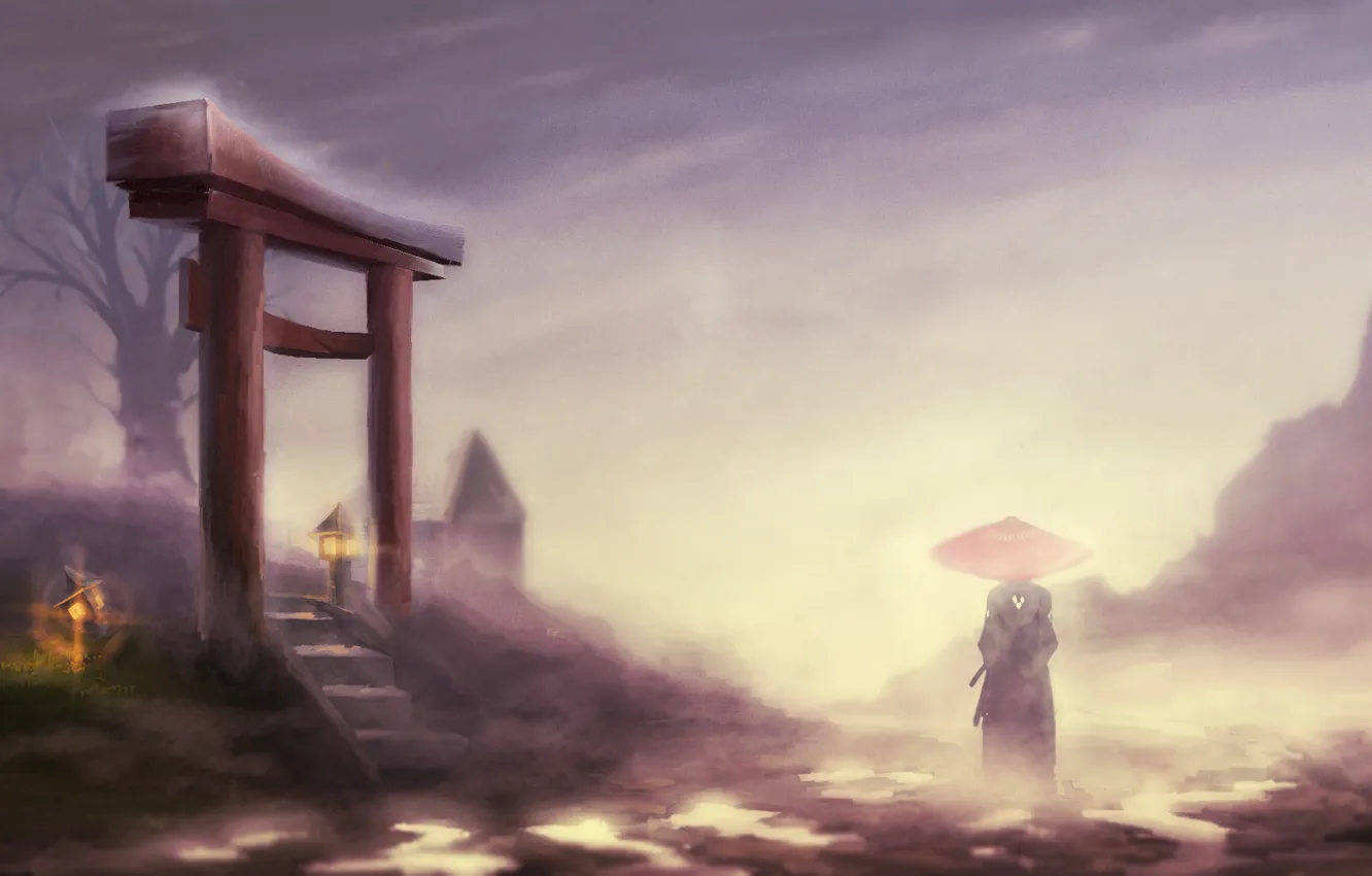 Photo wallpaper landscape, fog, tree, umbrella, samurai, lights, male, kimono