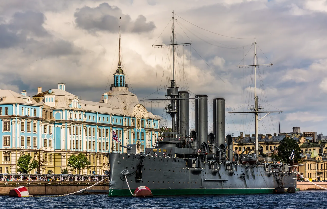 Photo wallpaper river, the building, Saint Petersburg, Aurora, Museum, promenade, cruiser, Petrogradskaya embankment