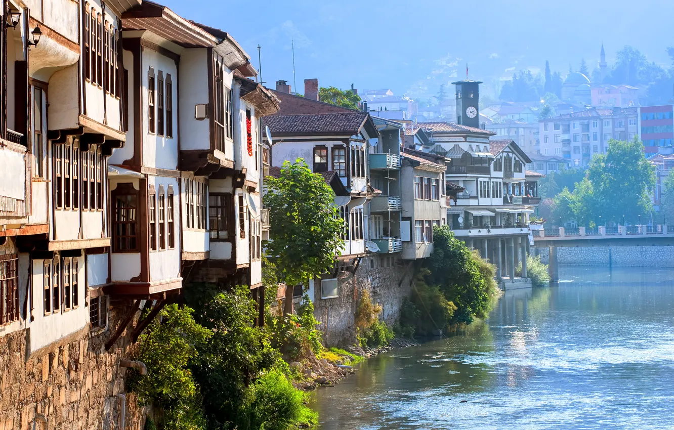 Photo wallpaper bridge, river, home, Sunny, Turkey, Amasya