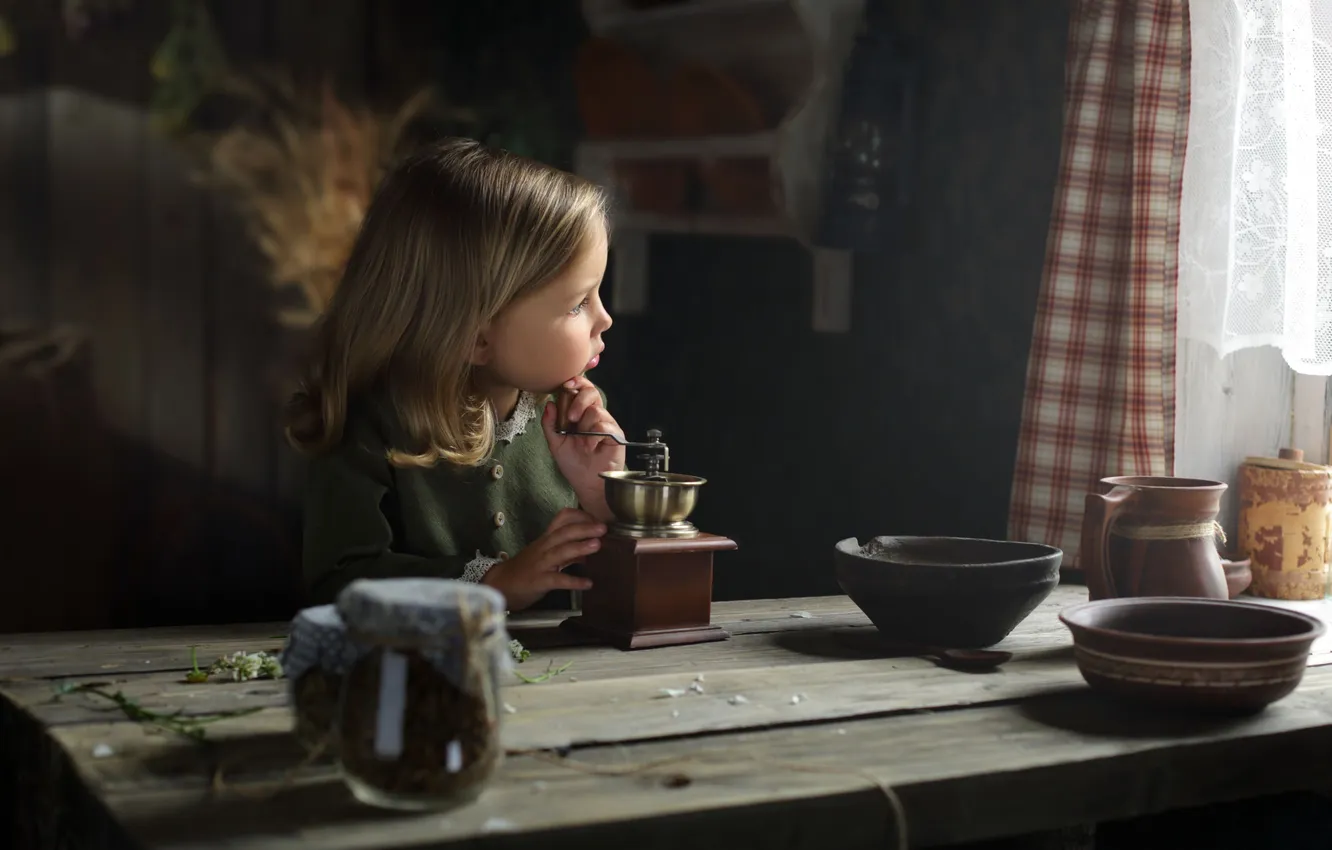 Photo wallpaper table, girl, curtains, Vadim Morozov