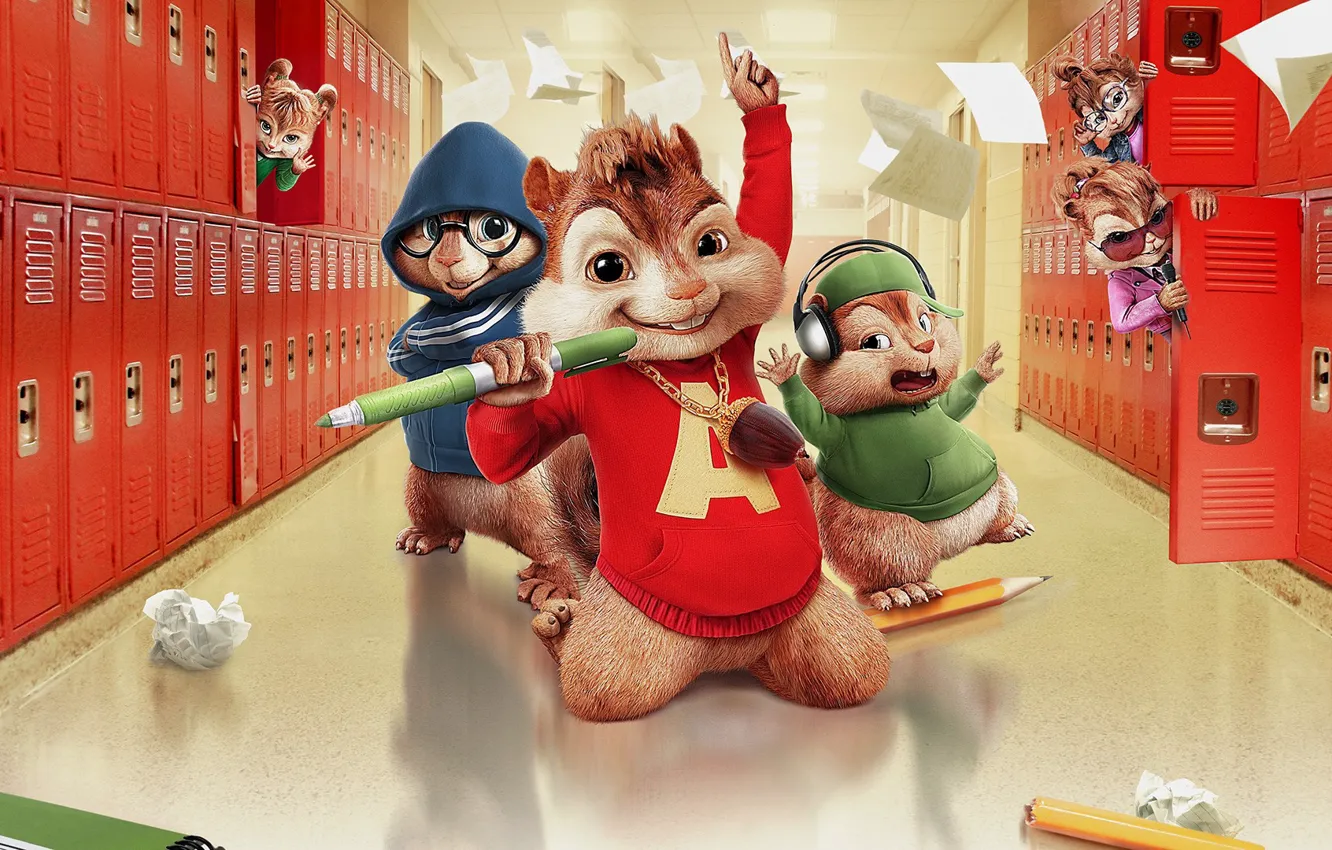 Photo wallpaper cinema, school, movie, singer, film, animated film, animated movie, Alvin and the Chipmunks