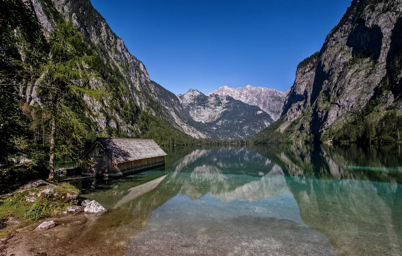 Photo wallpaper mountains, stones, Germany, Bayern, house, lake Königssee