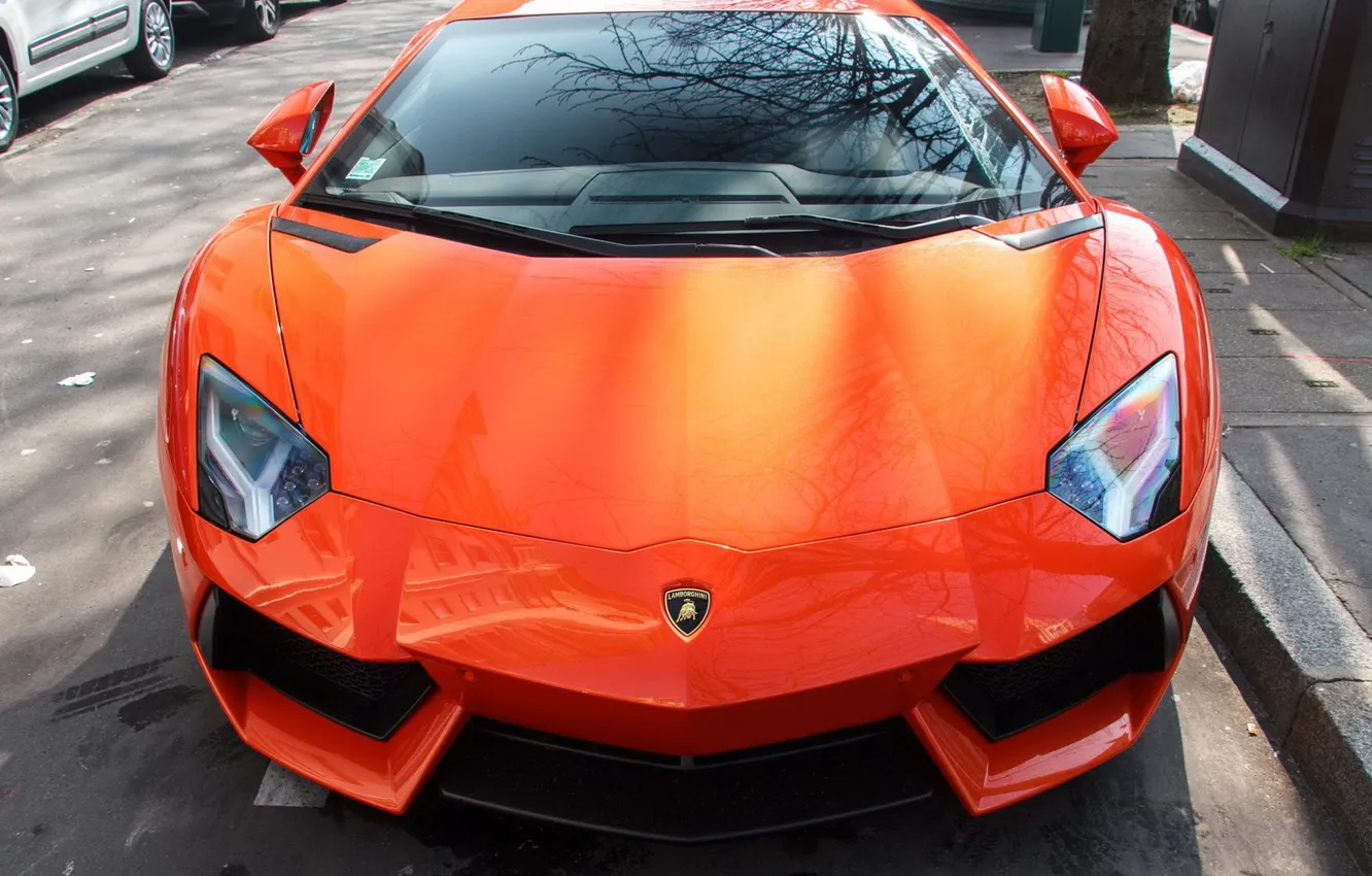 Photo wallpaper reflection, Lamborghini, supercar, the front, orange, Aventador
