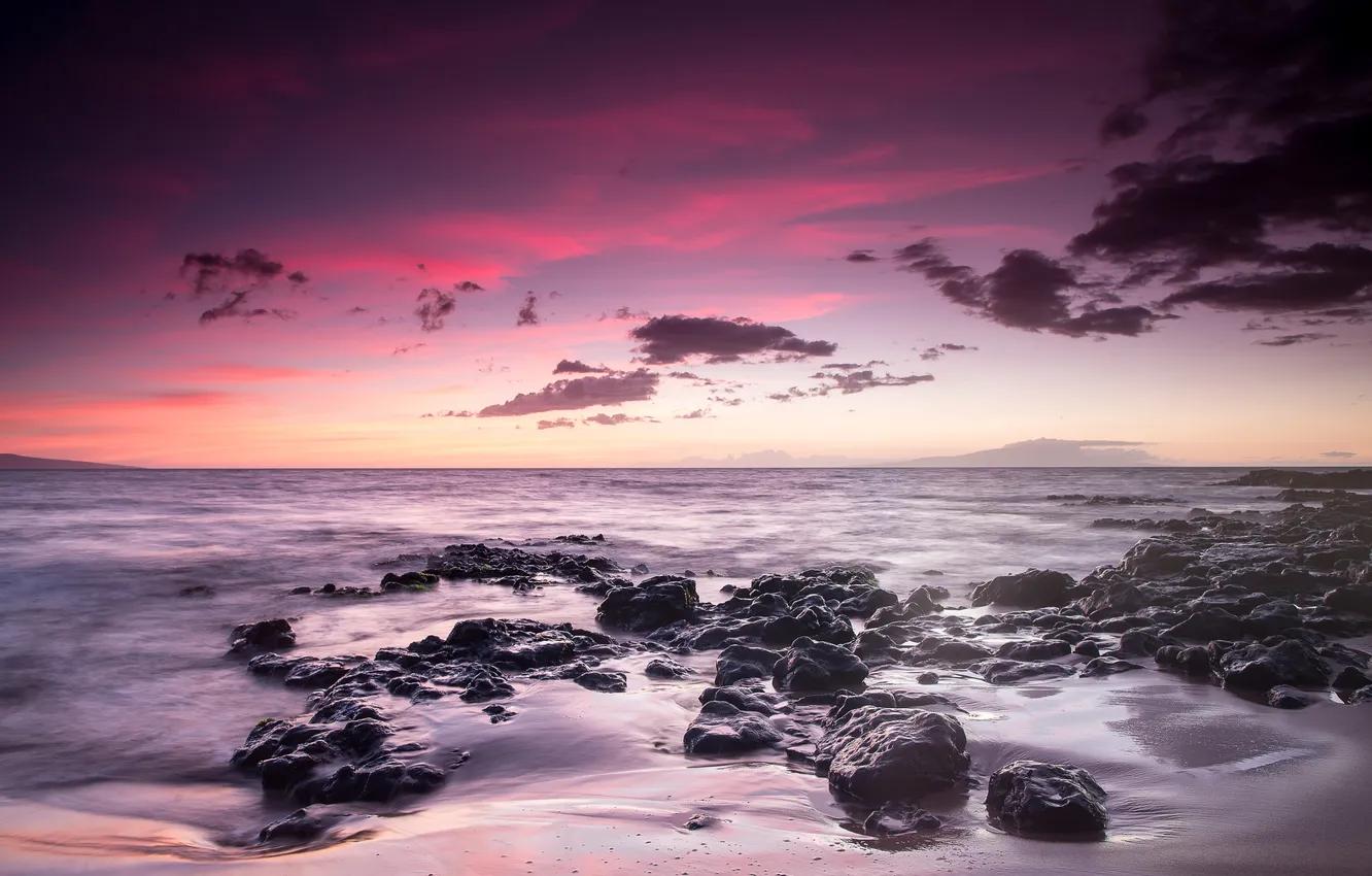Photo wallpaper beach, landscape, stones, the ocean, dawn, horizon, Hawaii