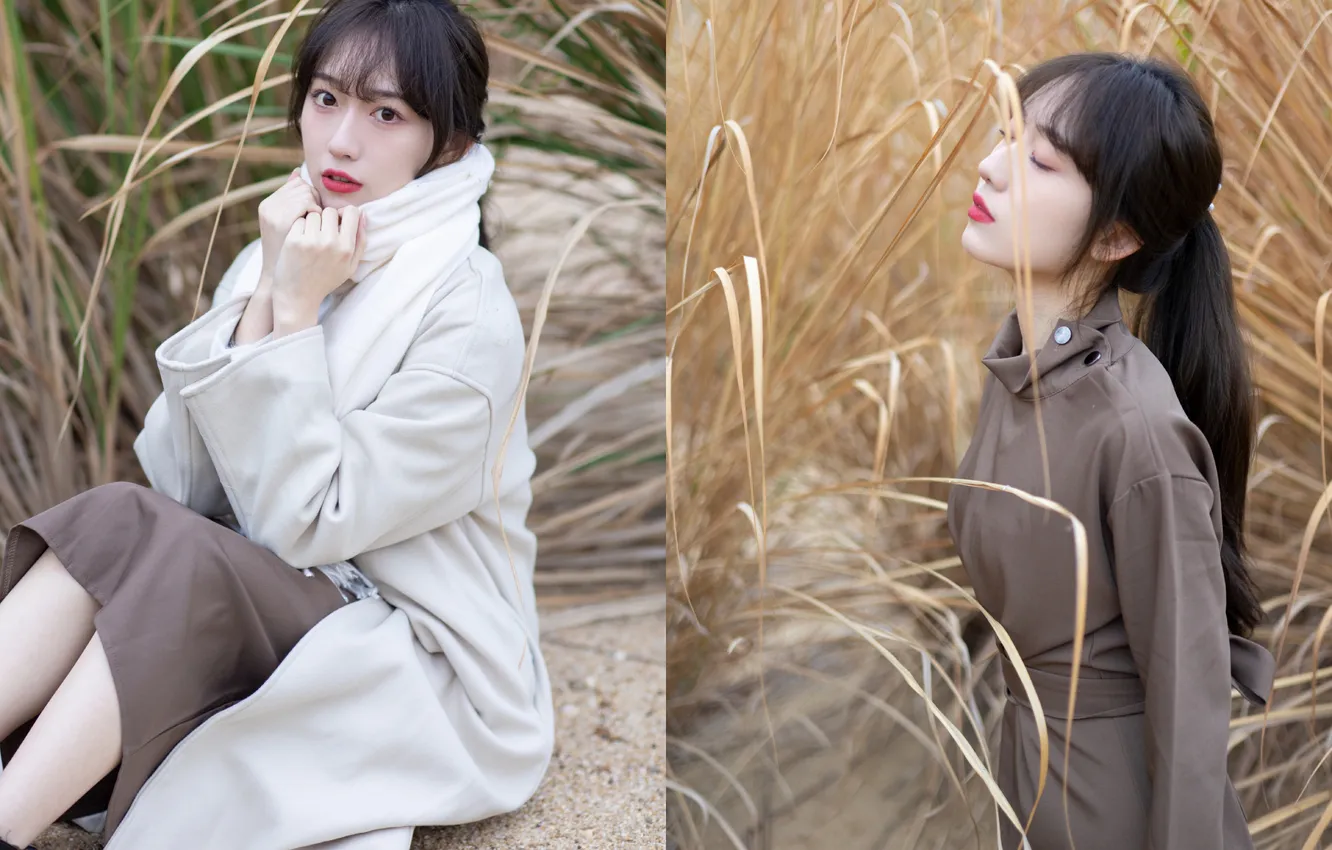 Photo wallpaper Grass, Beautiful, Asian, Model, Sand, Woman, Cute, Jacket