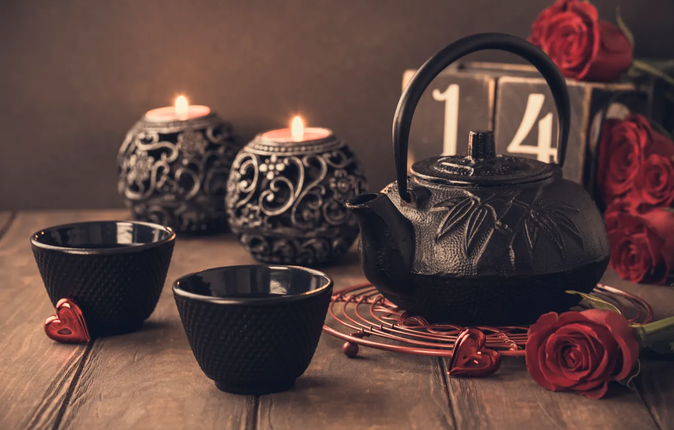 Photo wallpaper roses, candles, kettle, Cup, Iryna Melnyk