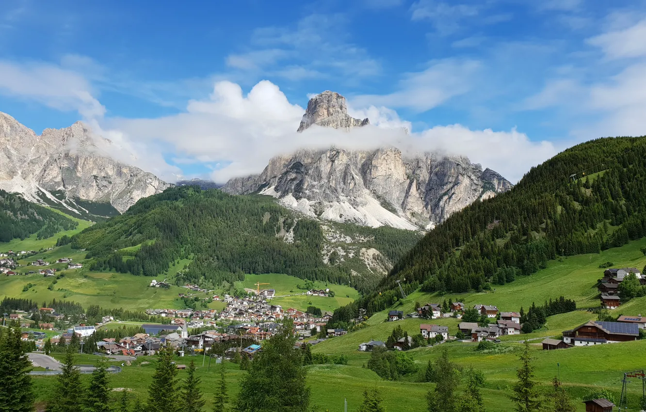 Photo wallpaper Italy, view, Mountains in Background, Dolomite Alps, Campolongo, Corvara