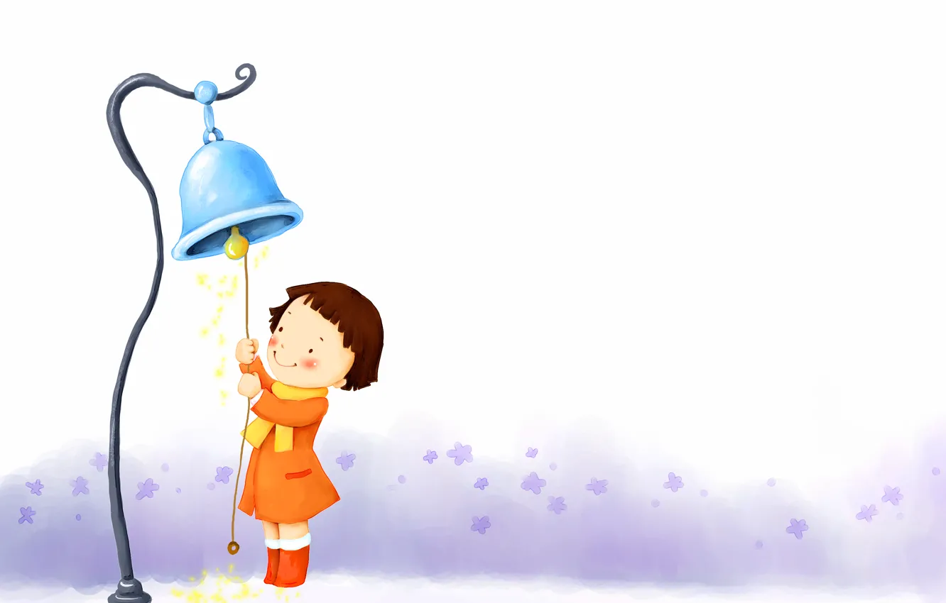 Photo wallpaper snowflakes, smile, girl, boots, coat, baby Wallpaper, bell