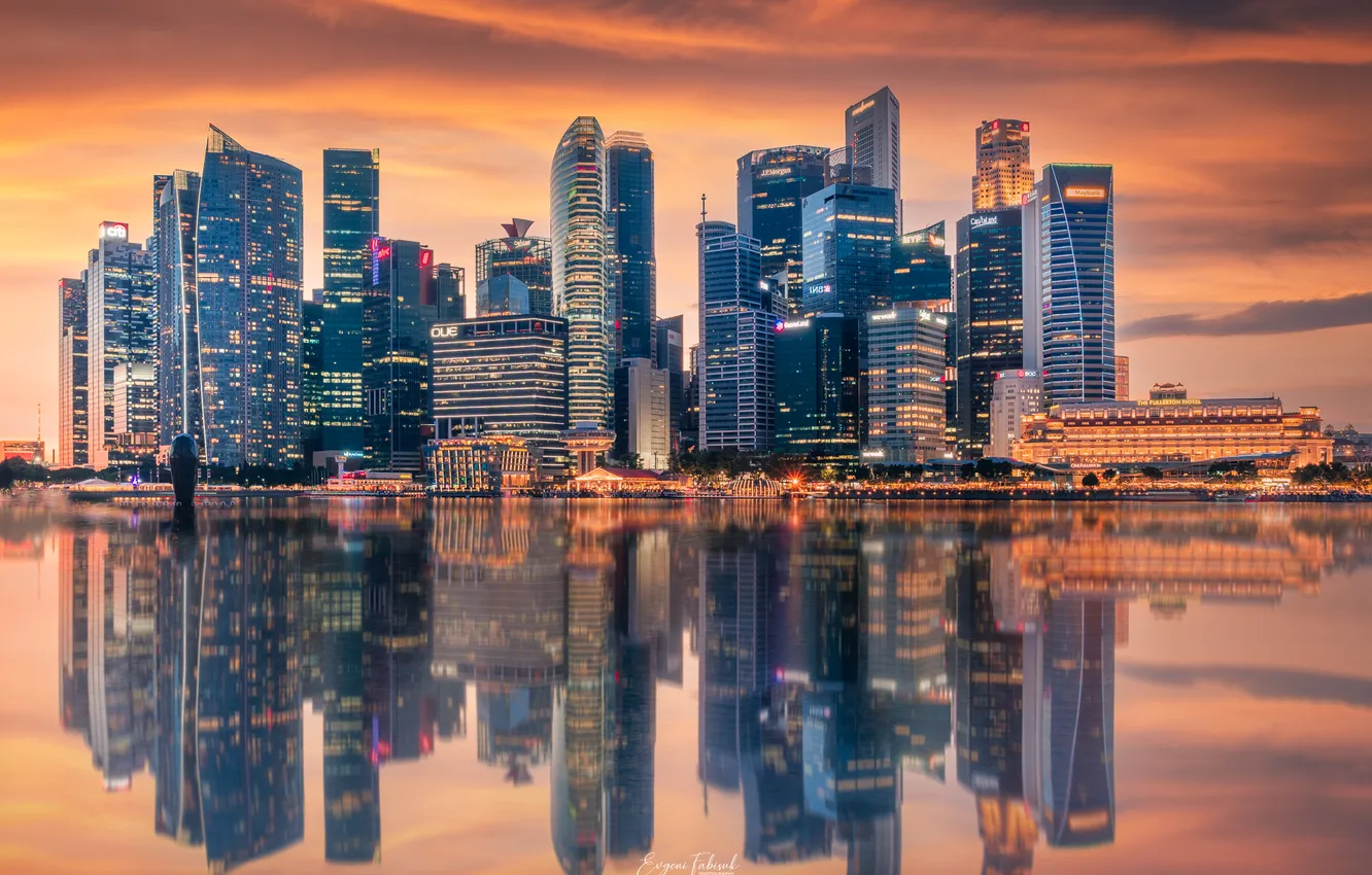 Photo wallpaper the sky, the city, skyscrapers, Singapore, the reflection in the water, Evgeni Fabis