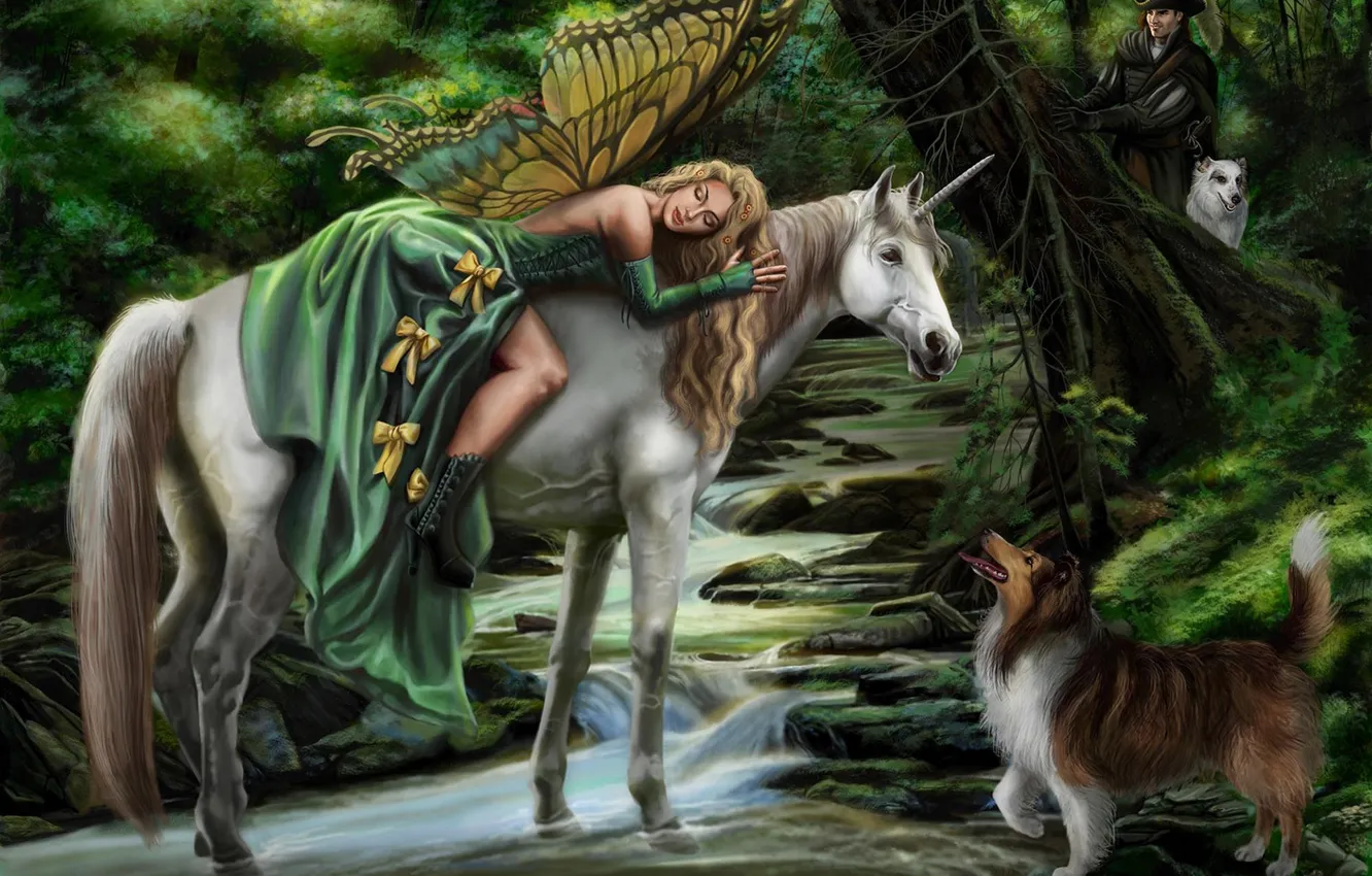 Photo wallpaper girl, dog, fairy, fantasy, art, unicorn, hunter, Faerie steed