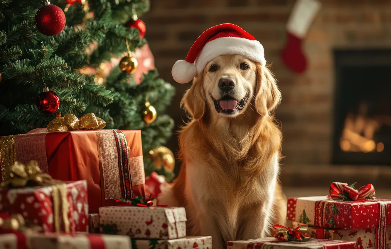 Photo wallpaper new year, dog, Christmas, Retriever, Christmas tree, the Santa hat, AI art, neural network