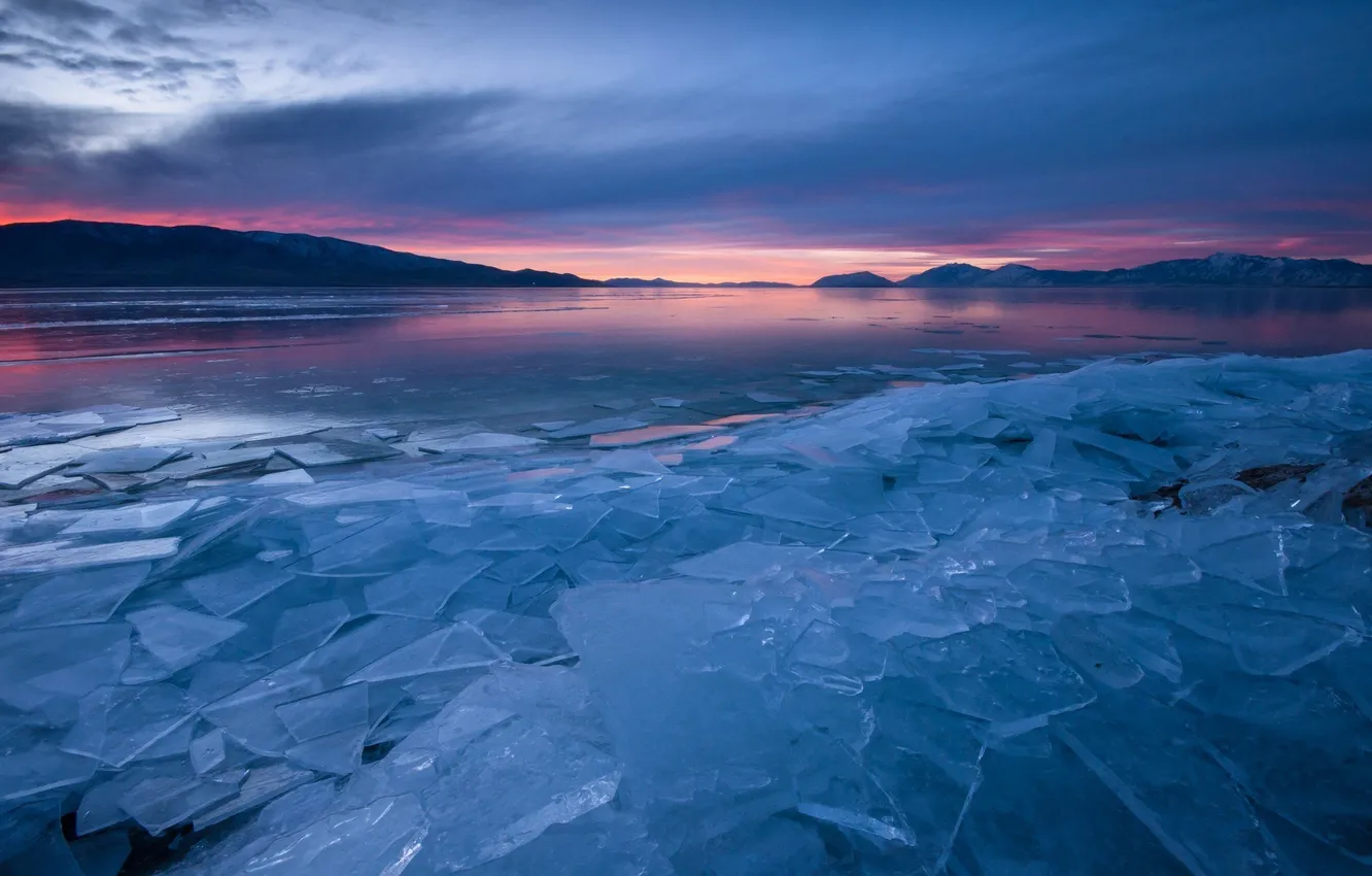 Photo wallpaper ice, the sky, clouds, landscape, sunset, mountains, nature, horizon