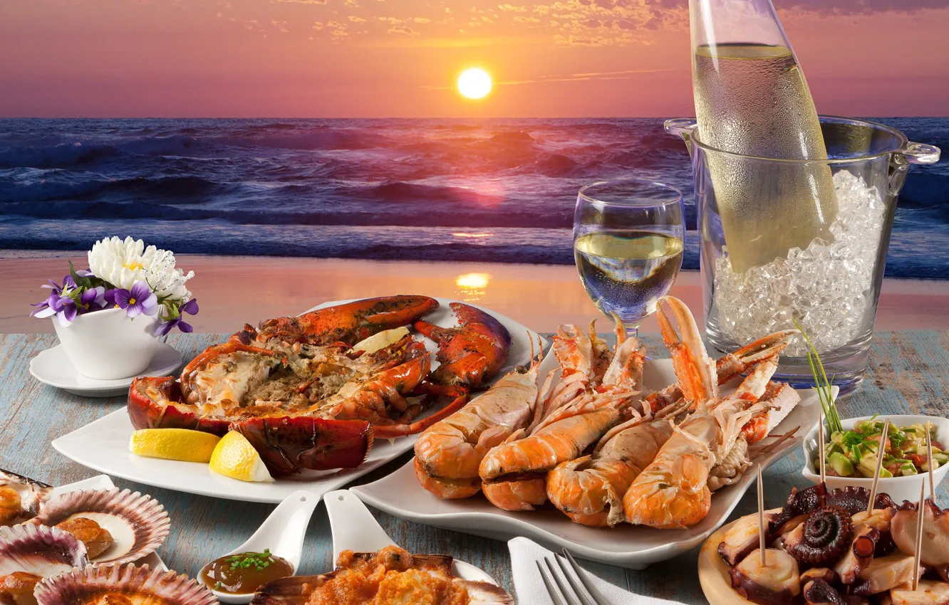 Photo wallpaper ice, sea, wine, seafood, mussels, lobster, lobster