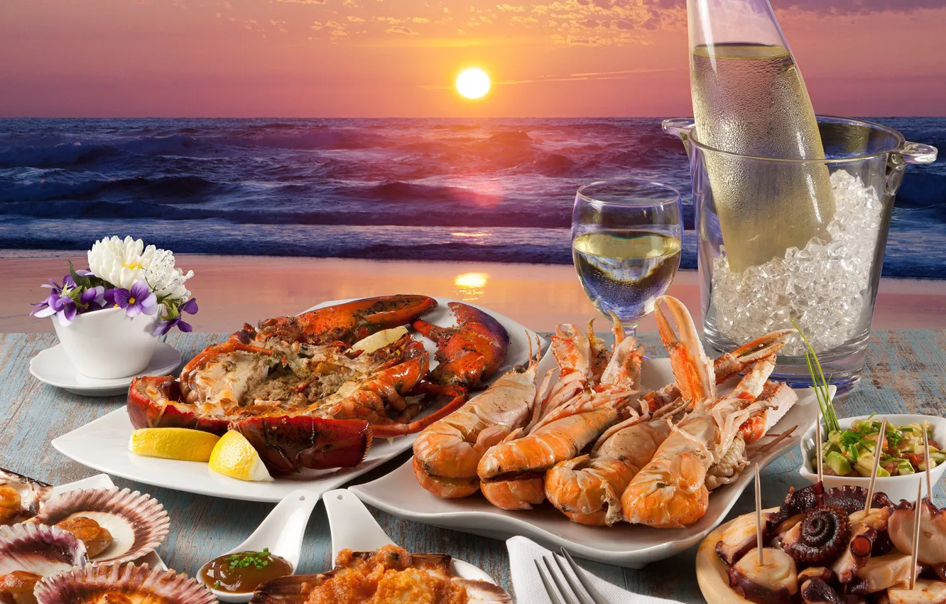 Photo wallpaper ice, sea, wine, Omar, seafood, mussels, Lobster