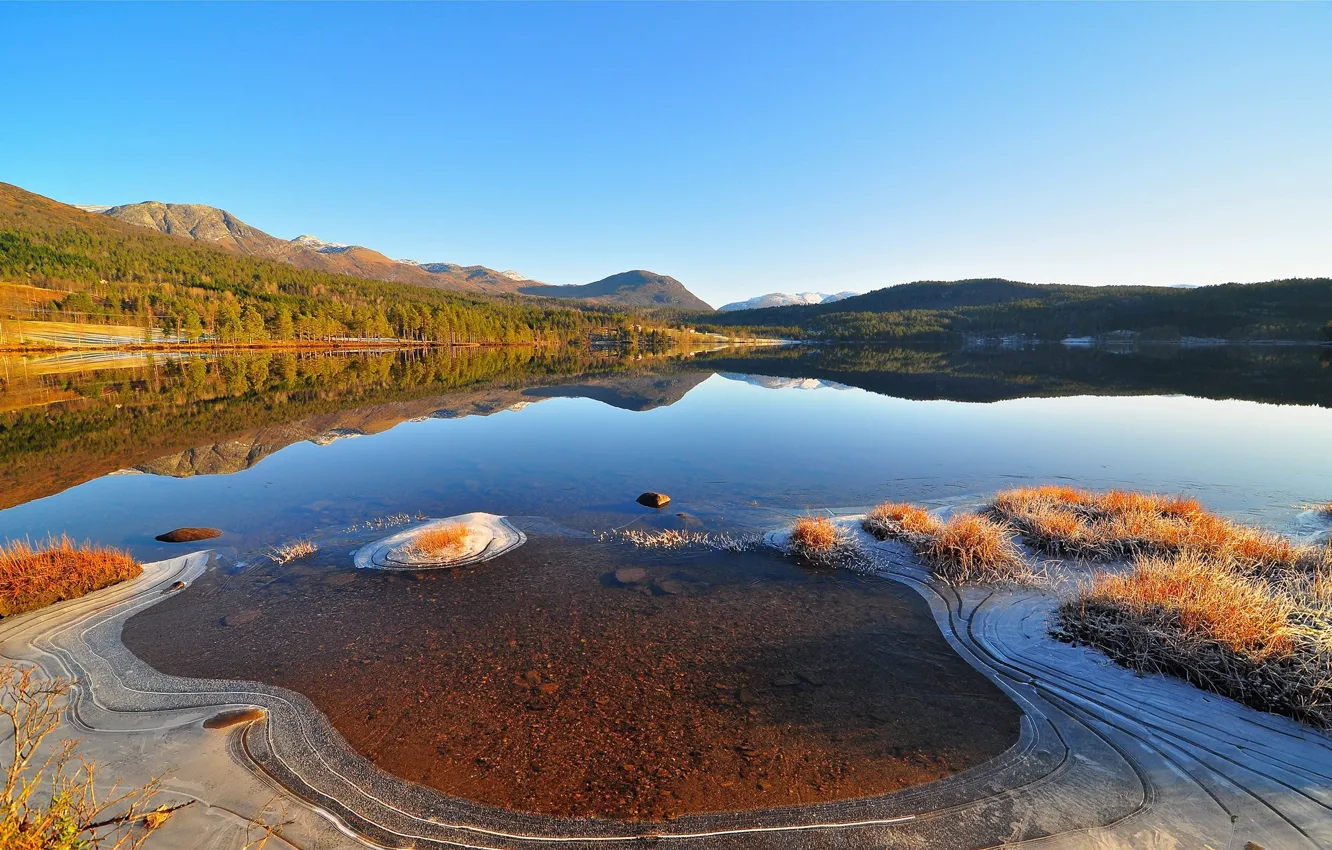 Photo wallpaper ice, the sky, mountains, nature, hills, silence, Bay, shoal