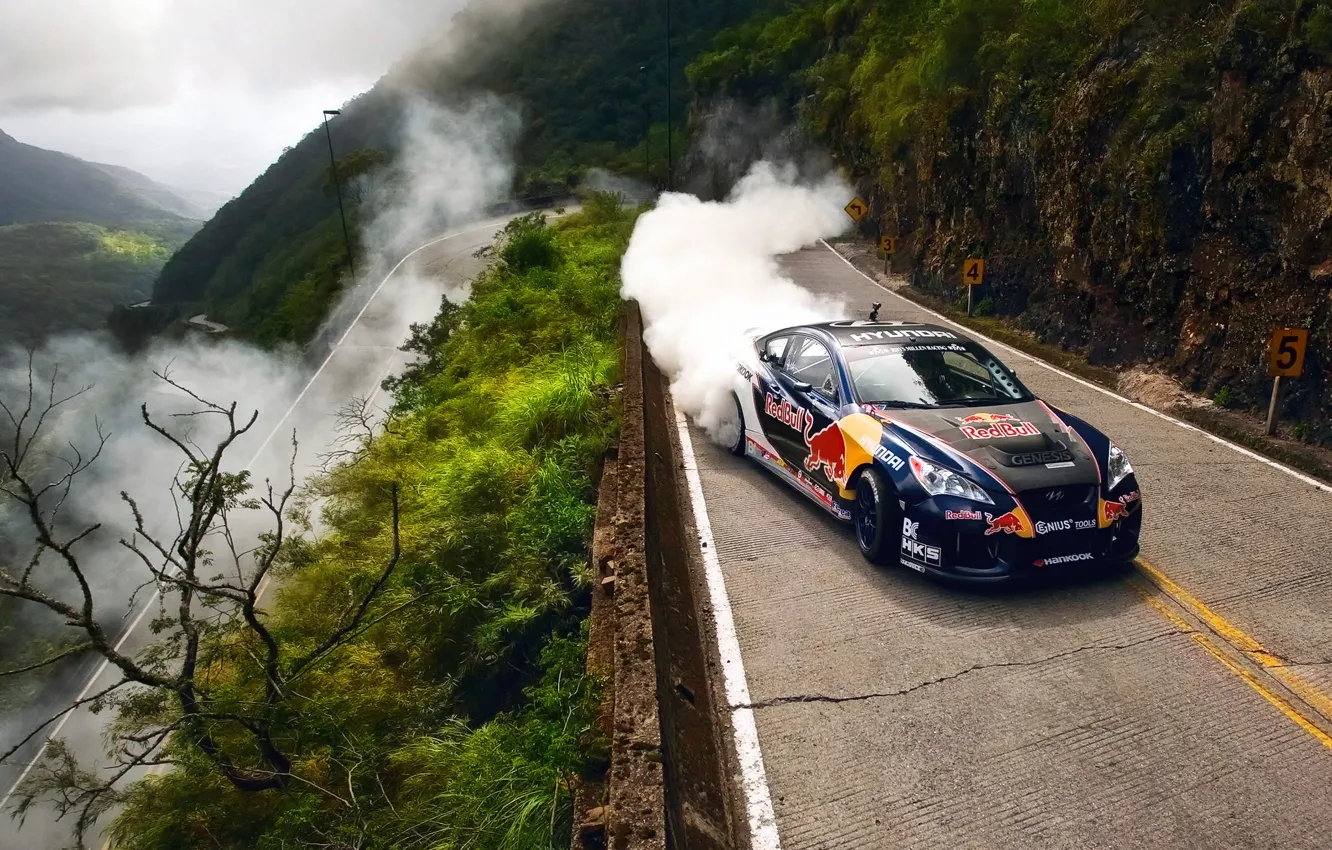 Photo wallpaper road, machine, smoke, dust, drift, Hyundai, Brazil, Red Bull Drifting Extreme