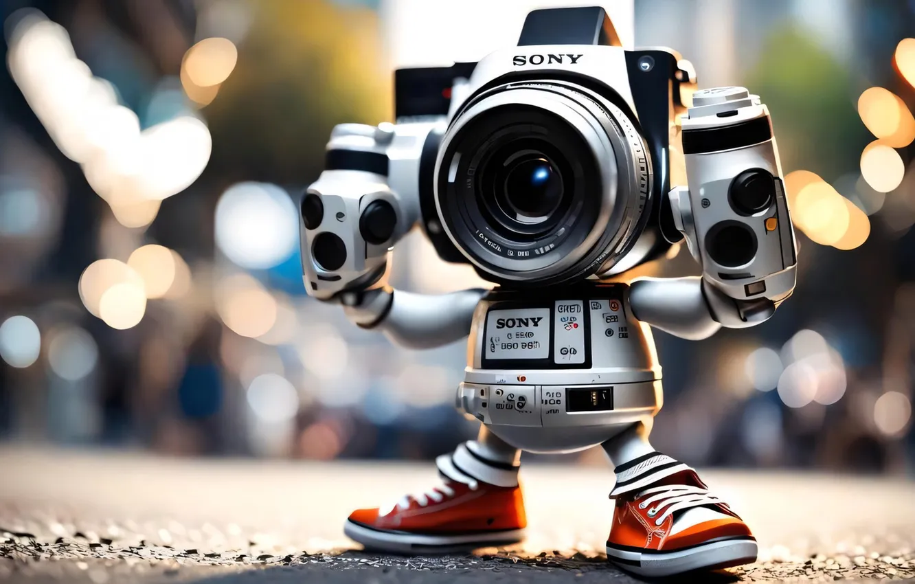 Photo wallpaper glare, robot, sneakers, the camera