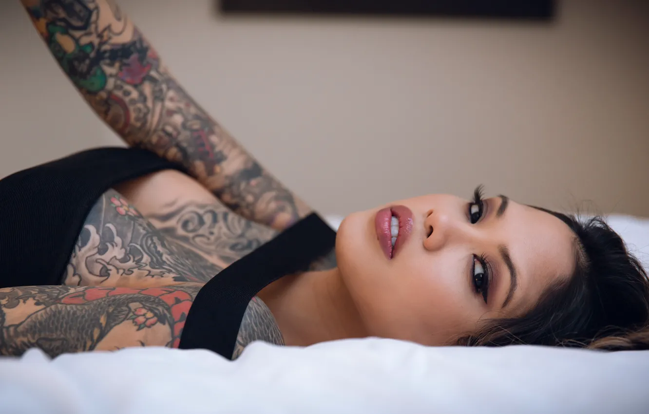 Photo wallpaper sexy, long hair, studio, boobs, model, pretty, beauty, tatoo
