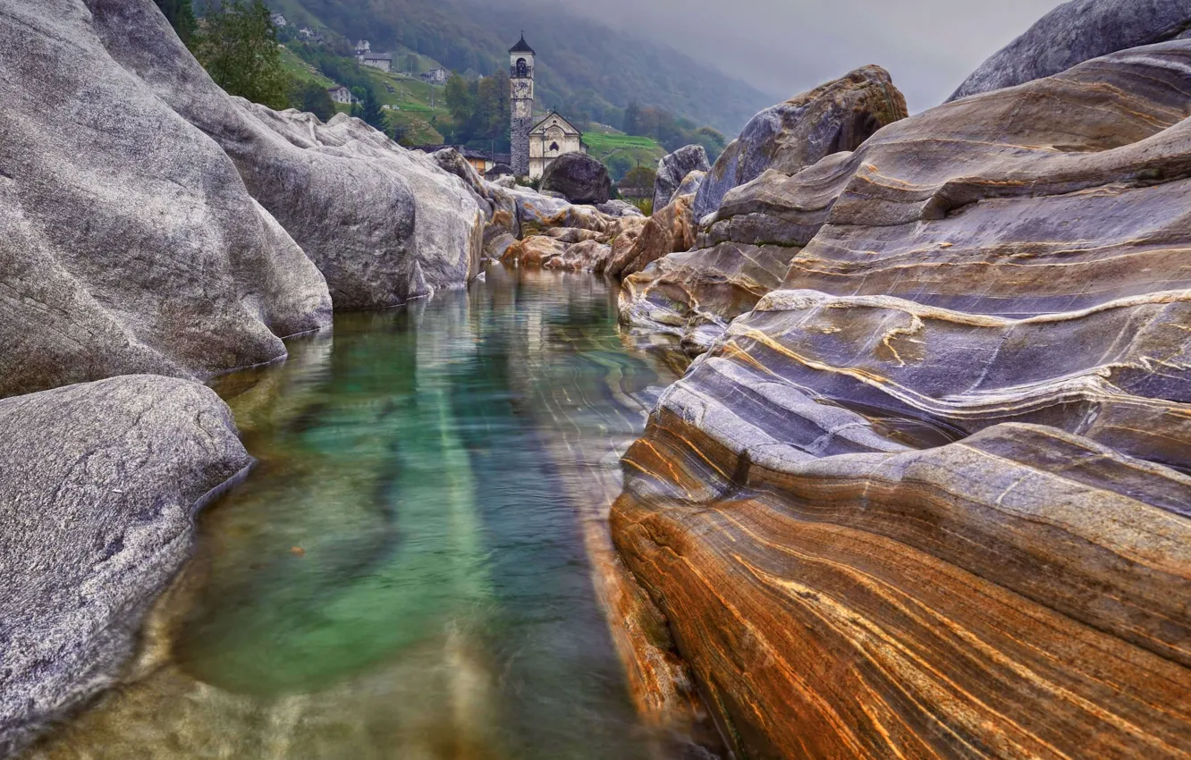 Photo wallpaper rocks, Switzerland, Church, Ticino, Verdzaska River