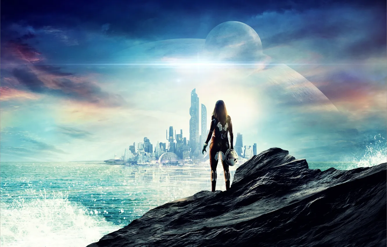 Photo wallpaper sea, the sky, girl, squirt, city, the city, rock, future