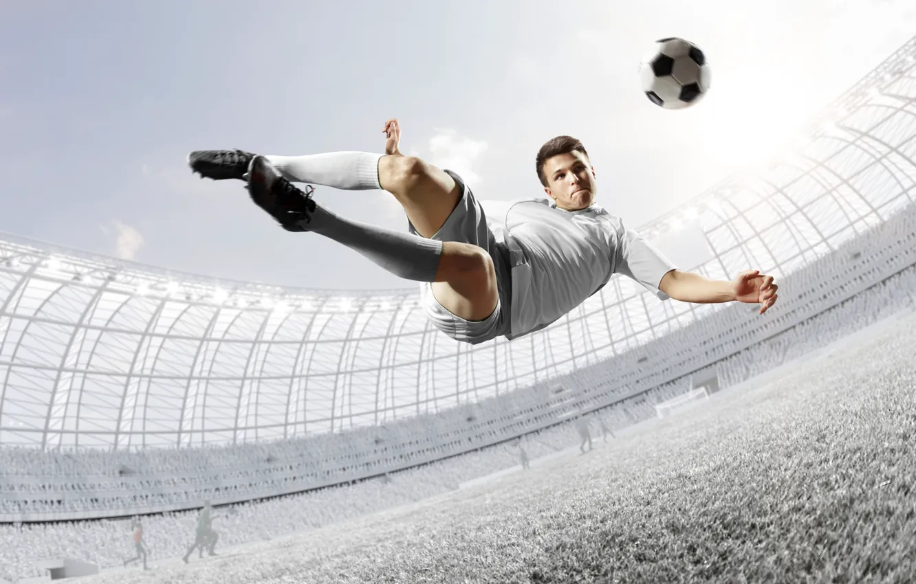 Photo wallpaper field, grass, jump, football, victory, sport, the ball, male