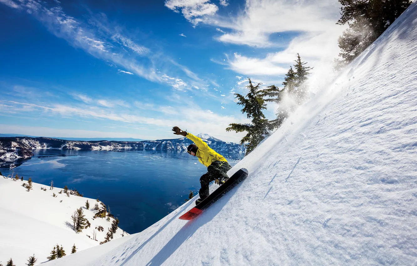 Photo wallpaper the sky, clouds, snow, trees, mountains, lake, jump, snowboard