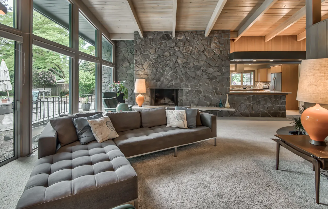 Photo wallpaper Villa, interior, kitchen, fireplace, sofa, living room