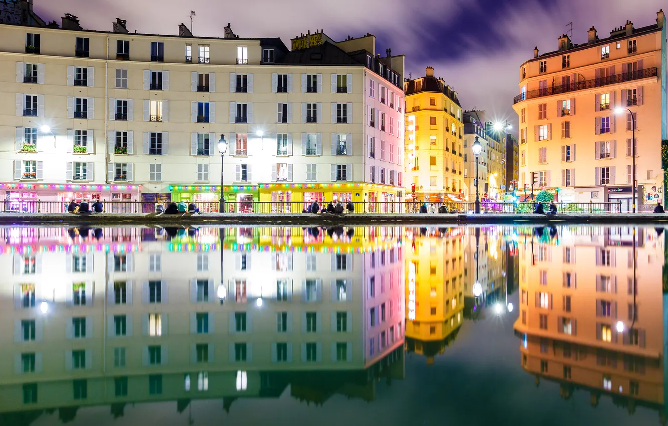 Photo wallpaper lights, reflection, paint, France, Paris, home, the canal Saint-Martin