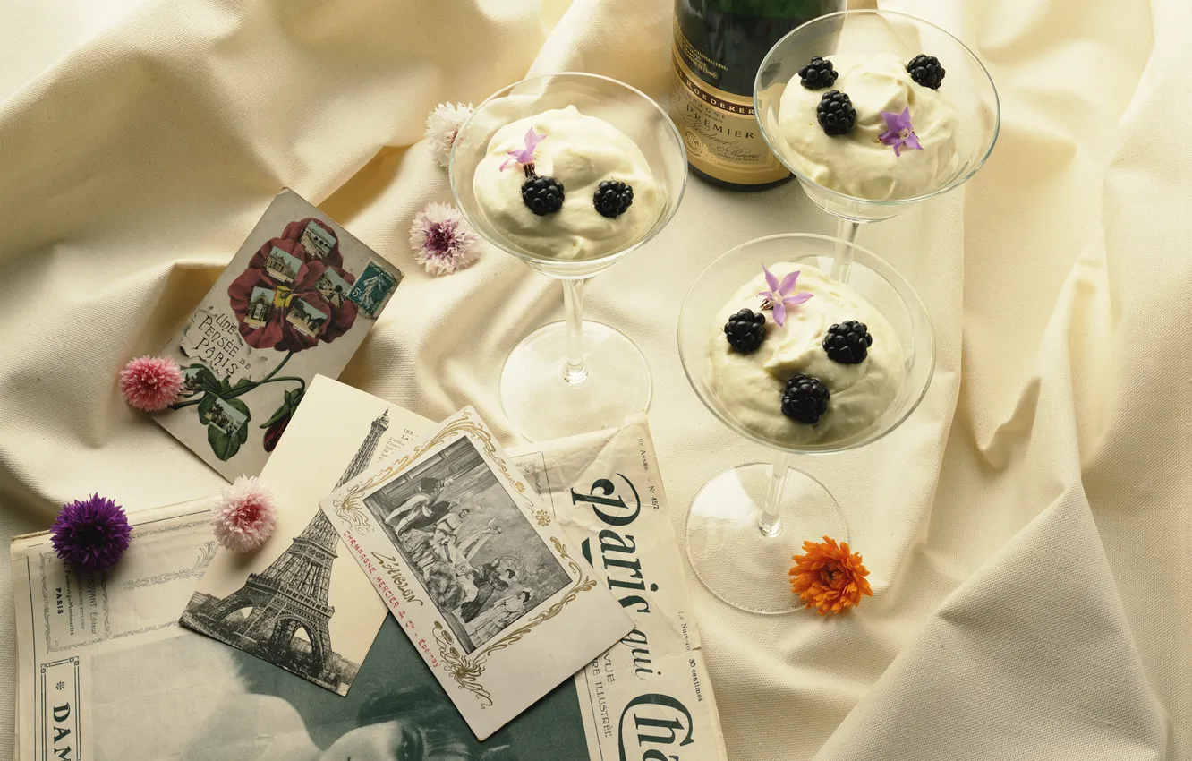 Photo wallpaper flowers, retro, newspaper, still life, champagne, cream, dessert, BlackBerry