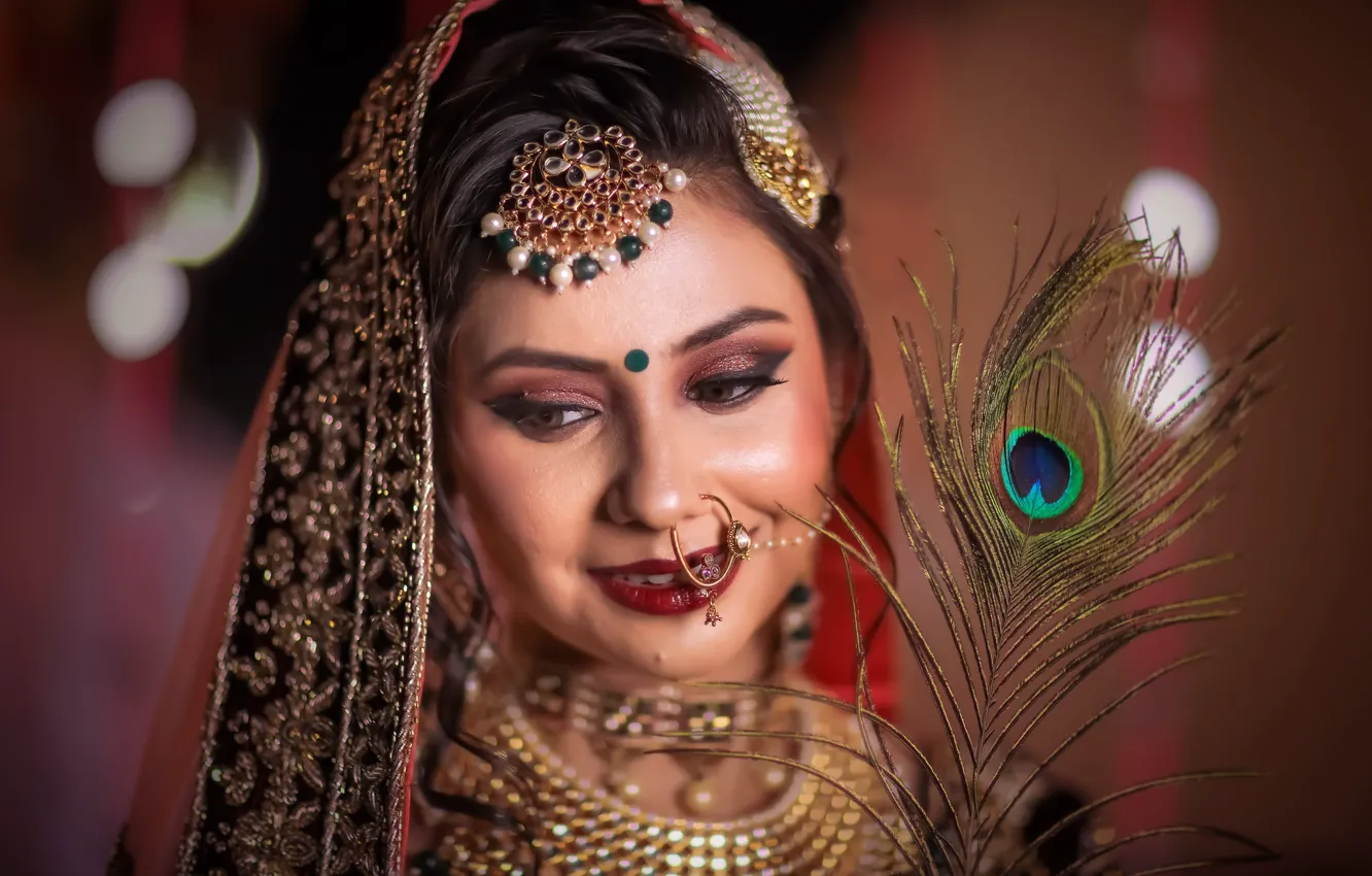 Photo wallpaper feathers, makeup, outfit, Indian, Girl