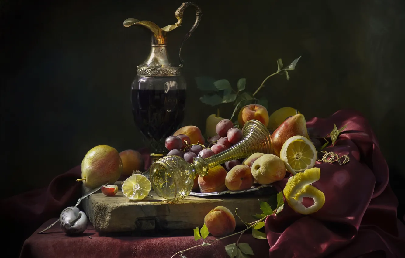 Photo wallpaper leaves, retro, table, wine, lemon, Board, glass, food