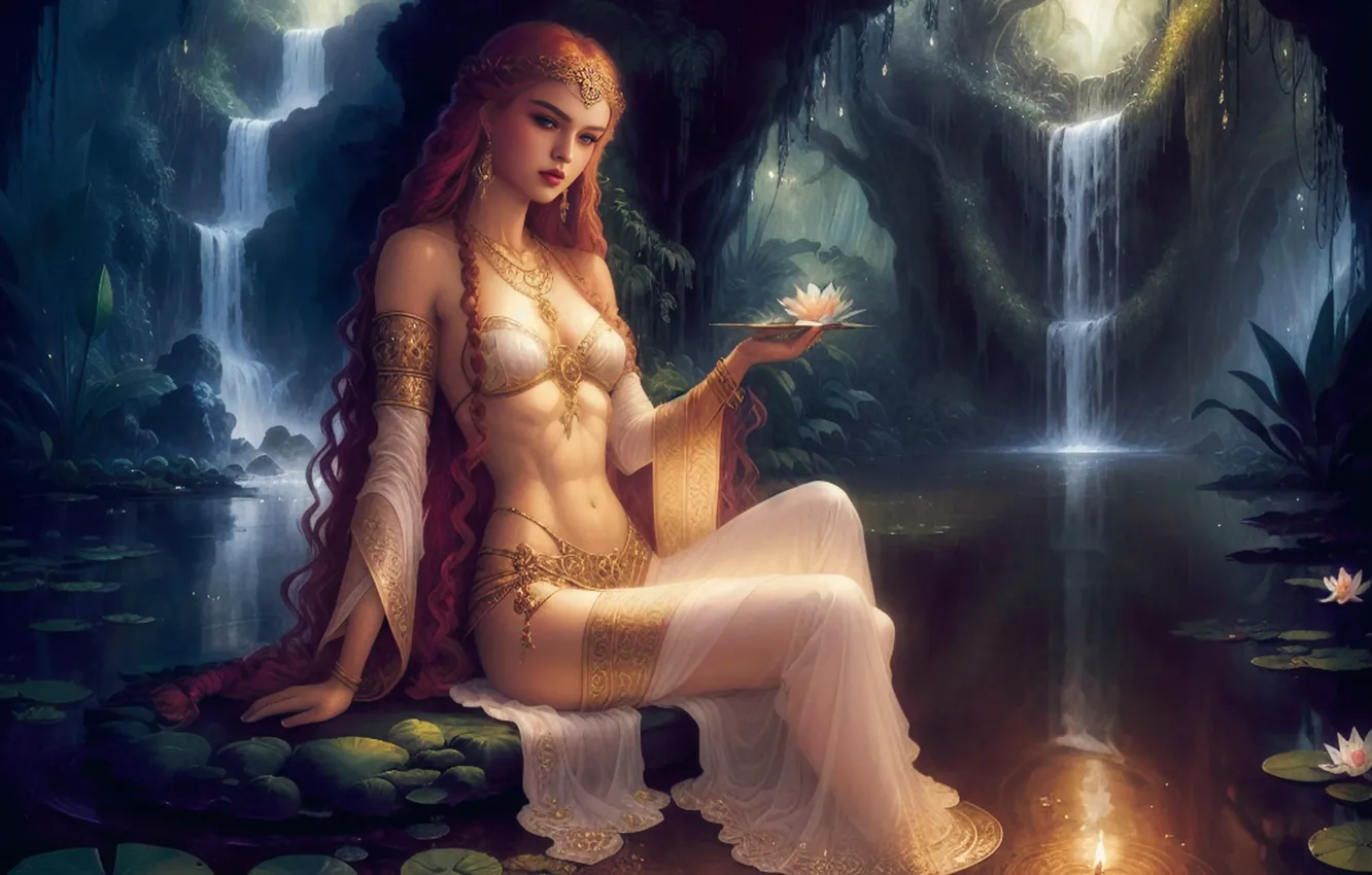 Photo wallpaper girl, fantasy, Princess, pond, AI art, neural network