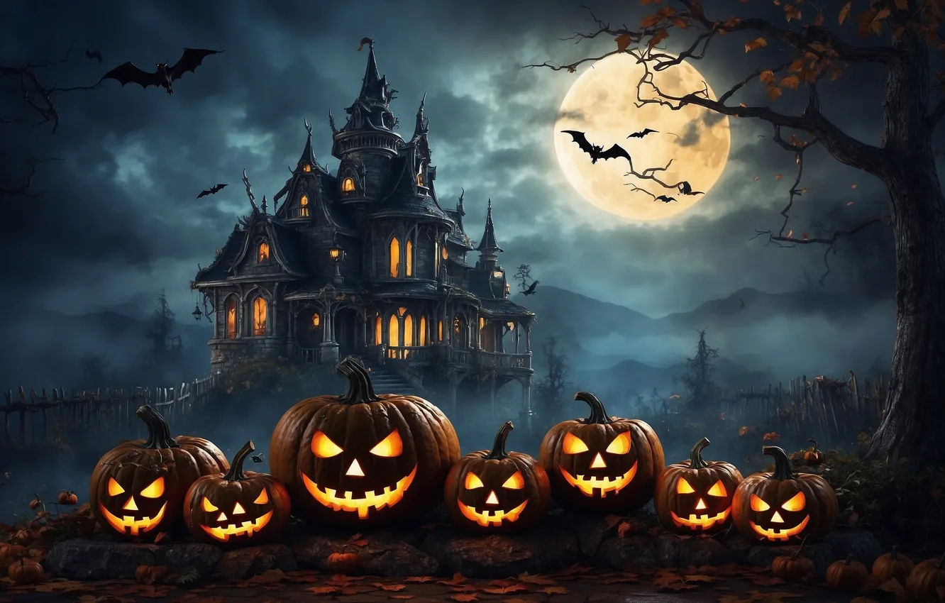Photo wallpaper night, castle, the moon, pumpkin, Halloween, bats, horror