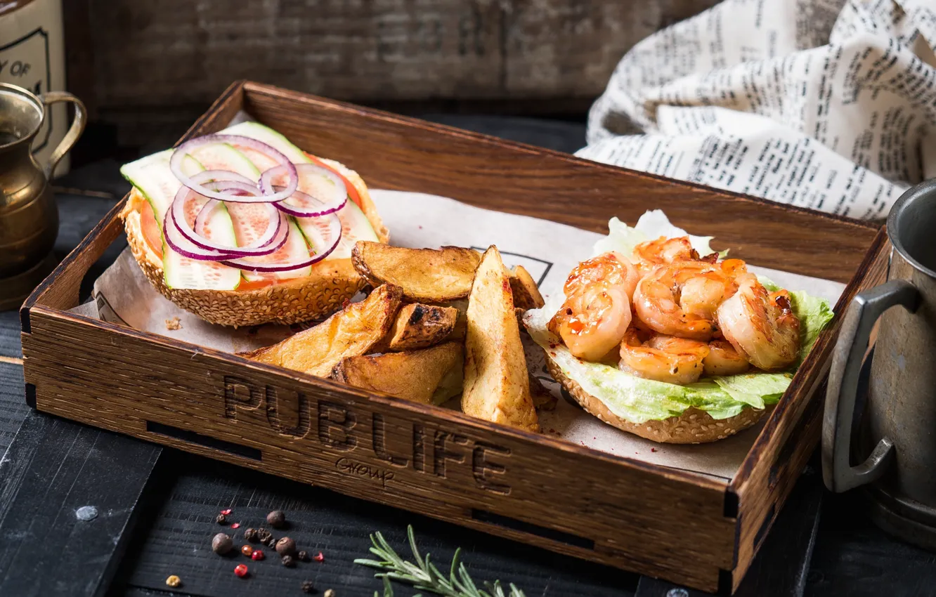 Photo wallpaper bow, shrimp, Burger, potatoes