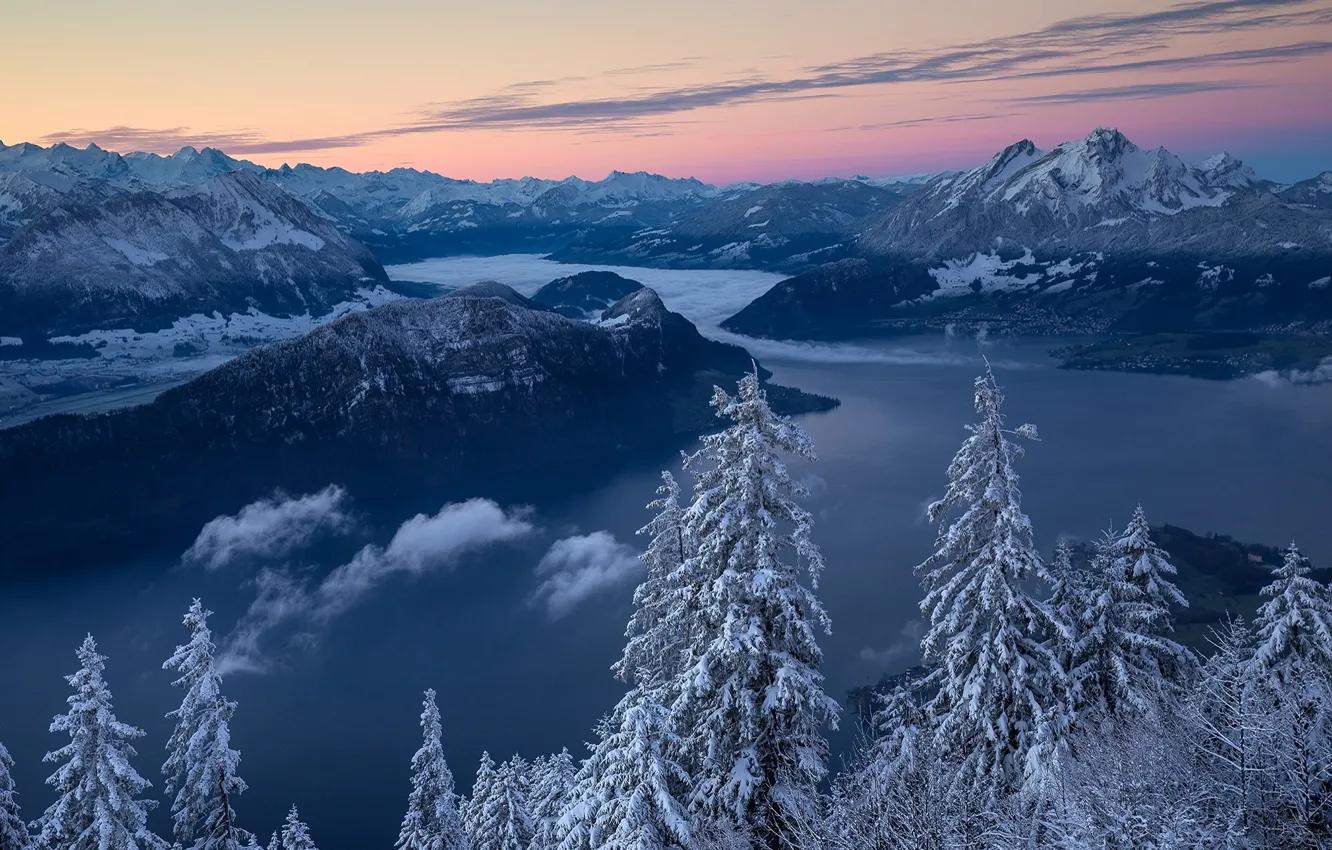 Photo wallpaper winter, trees, mountains, lake, sunrise, dawn, morning, Switzerland