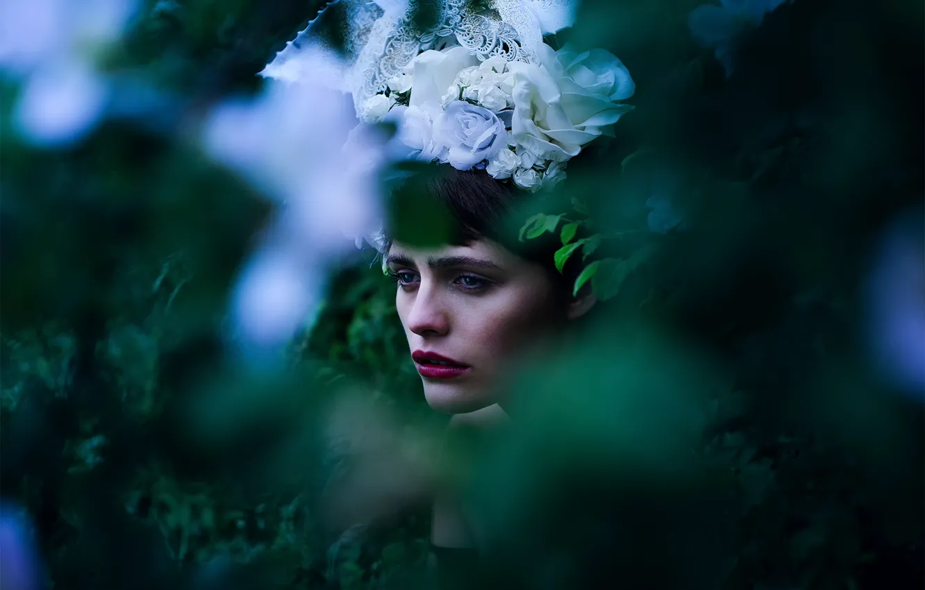 Photo wallpaper greens, girl, flowers, makeup, bokeh, Maybe It Was Peace At Last