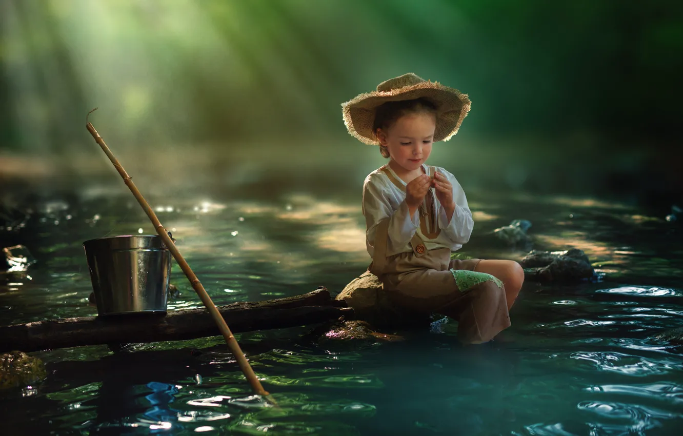 Photo wallpaper fishing, bucket, child, pond, Morning