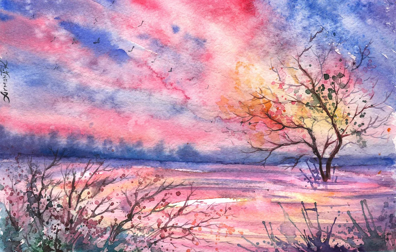 Photo wallpaper clouds, trees, bird, the evening, watercolor, painted landscape