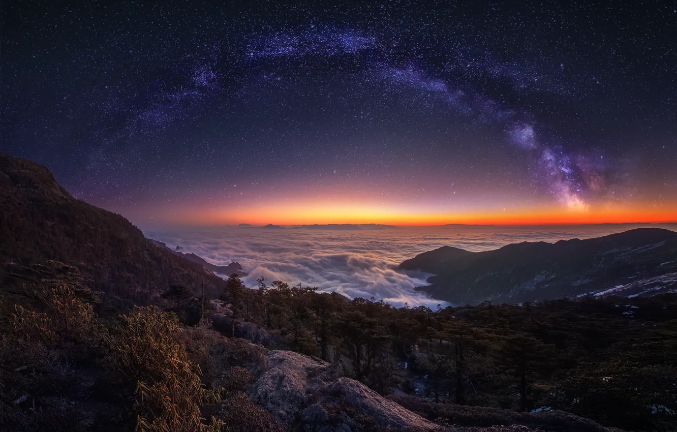 Photo wallpaper the sky, stars, light, mountains, night, fog, the way, the evening, morning, milky