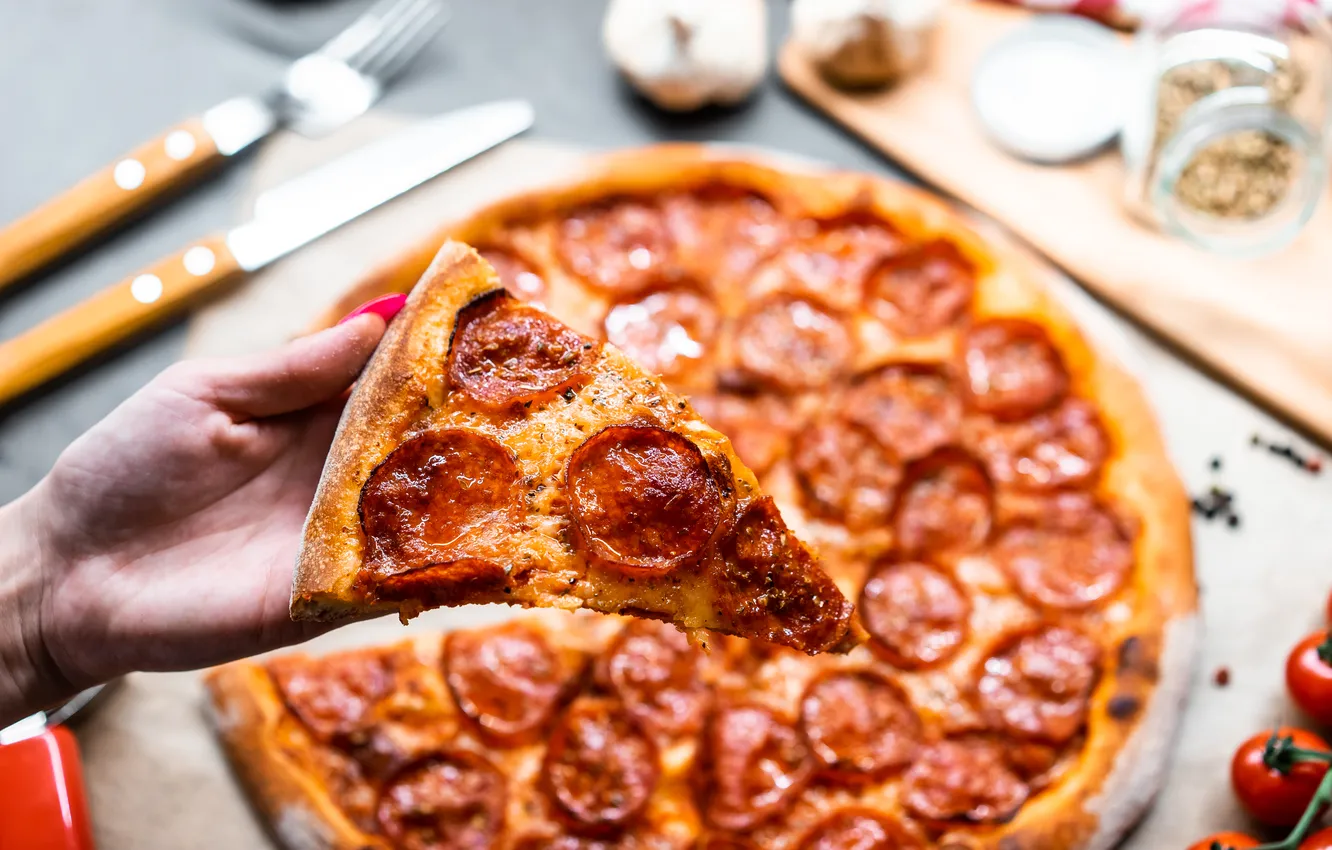 Photo wallpaper pizza, hand, slice